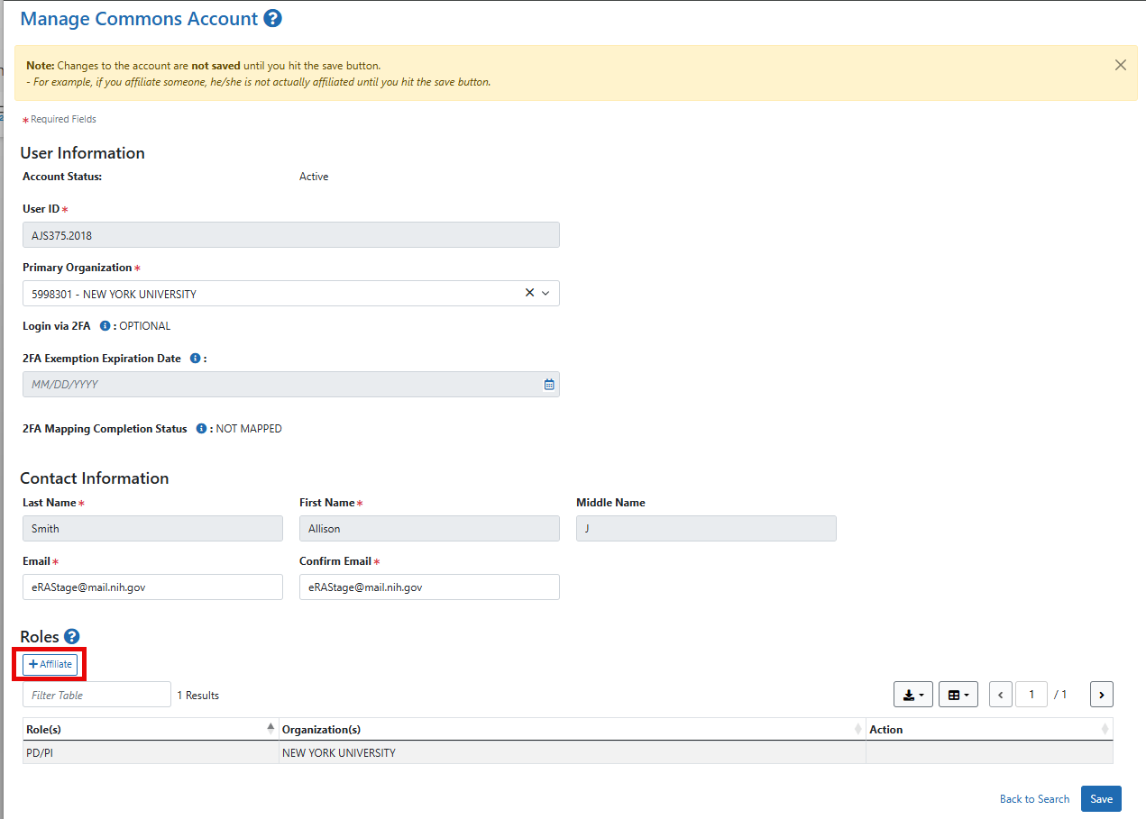 Screenshot of the Manage Commons Account screen with the Affiliate button highlighted